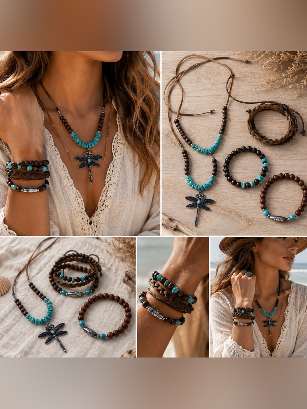 Turquoise Bead Dragonfly Necklace with Brown Leather Wrap Bracelet
